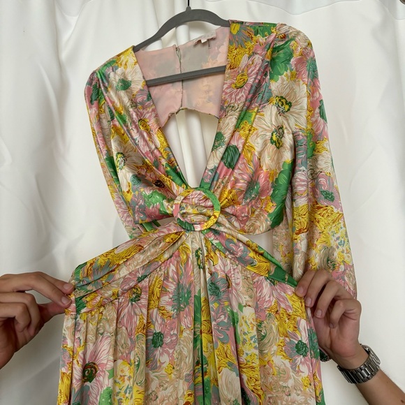 Pink and Green Floral Print Satin Cut Out Open Back Maxi Dress Size Medium - Picture 8 of 9